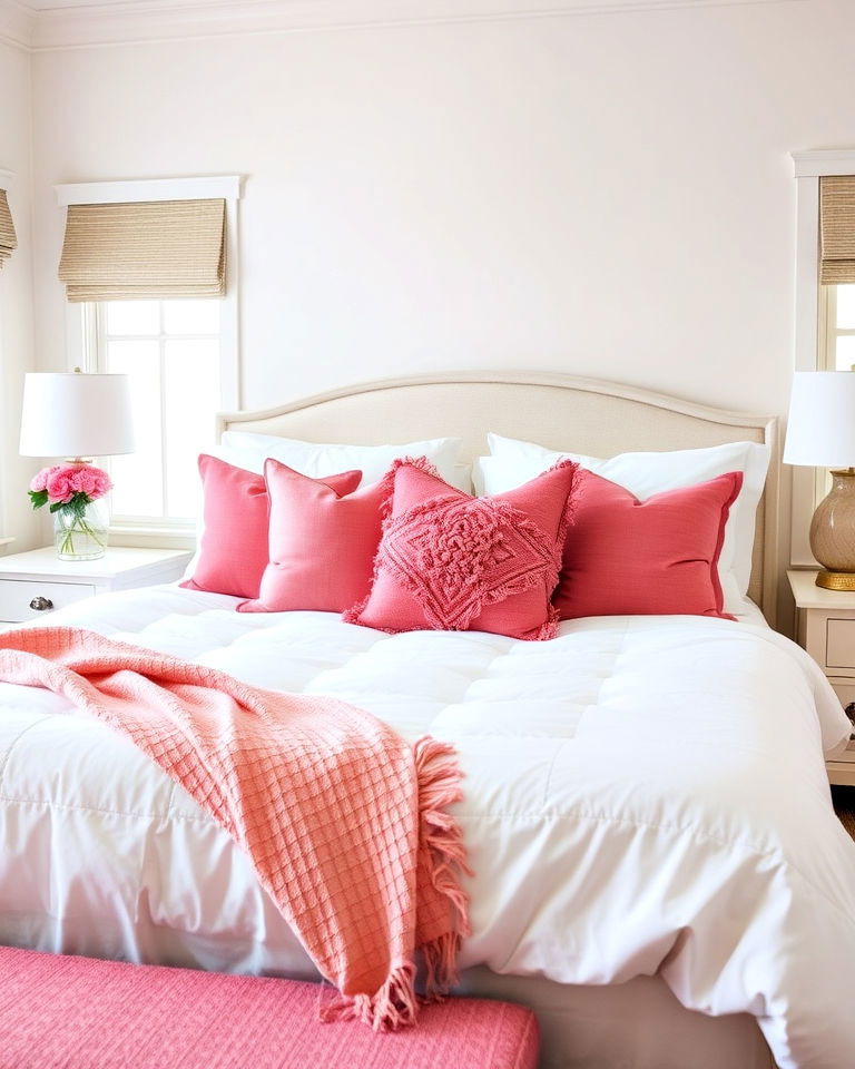 classic pink throw pillows and white bedding - 25 Pink and White Bedroom Ideas