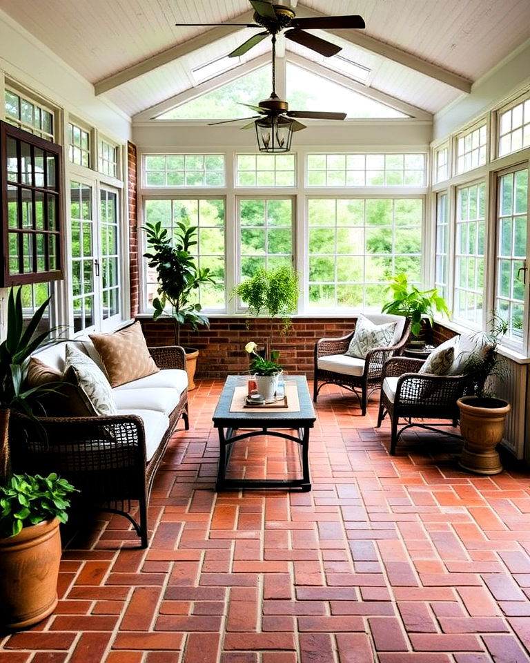 classic red brick floor for sunroom - 20 Brick Floor Sunroom Ideas
