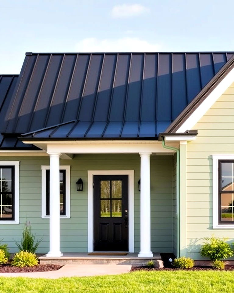 classic sage green with black metal roof - 25 Farmhouse Green Exterior Home Ideas