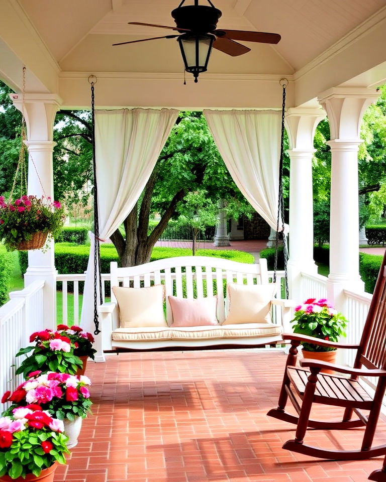 classic southern covered porch with a swing - 40 Covered Porch Ideas