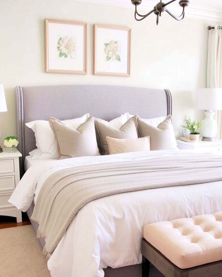 classic white and gray palette for bedroom - 20 Magnolia Bedroom Ideas