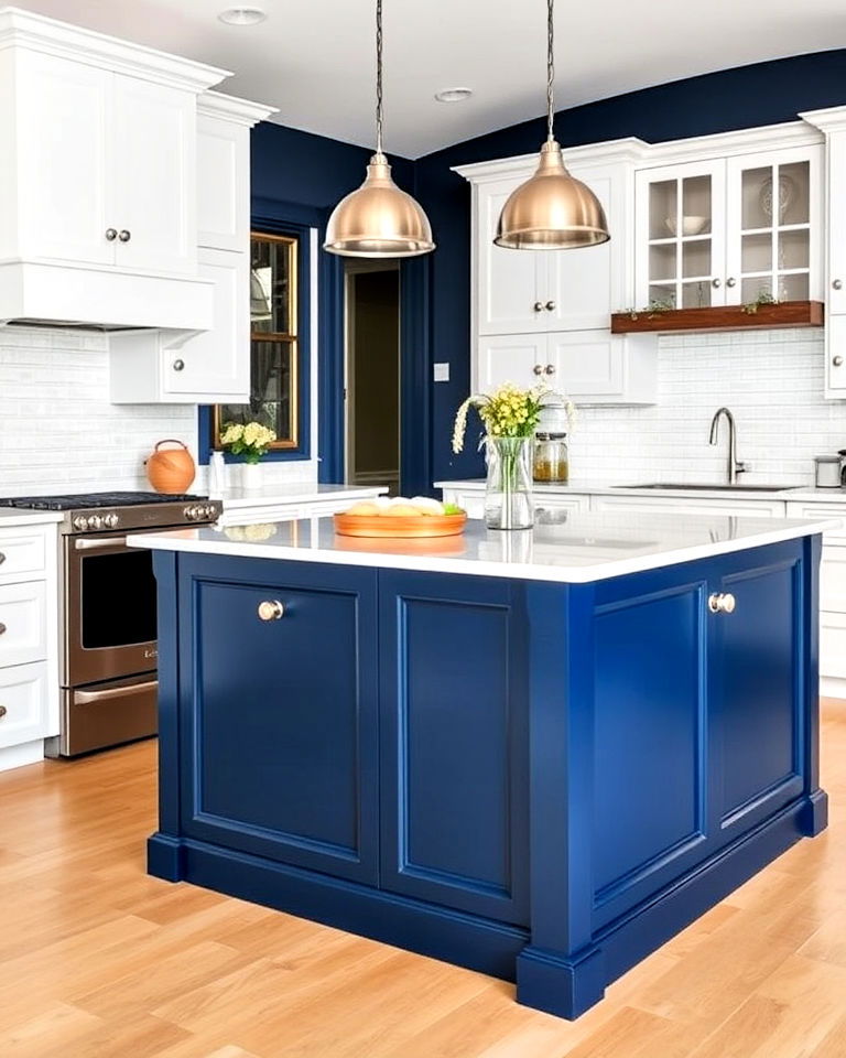 classic white cabinets with bold navy island - 30 White Kitchen Cabinets With Blue Island