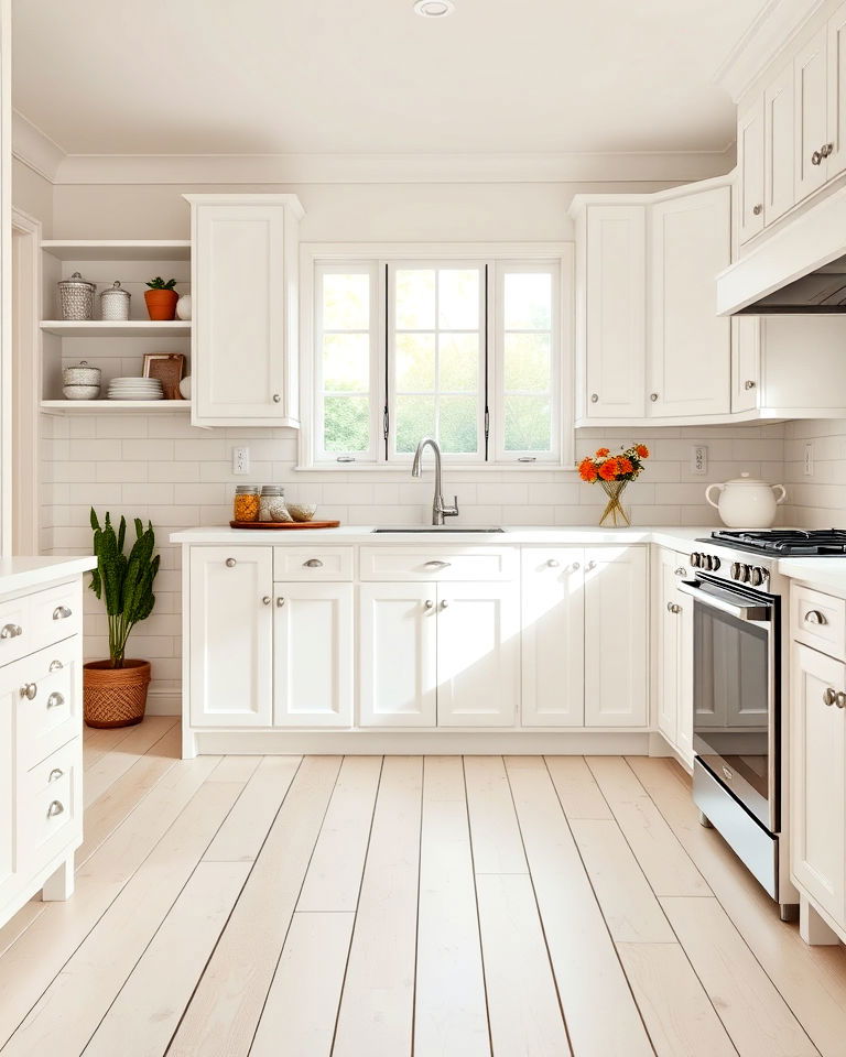 classic white painted hardwood floor - 25 White Kitchen Floor Ideas