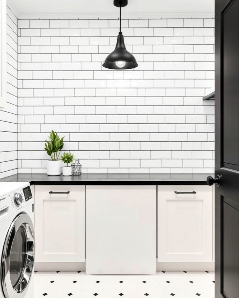 classic white subway tile and black grout - 15 Black and White Laundry Room Ideas