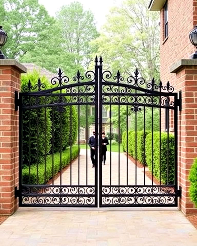 classic wrought iron and brick combination - 30 Sliding Gate Design Ideas