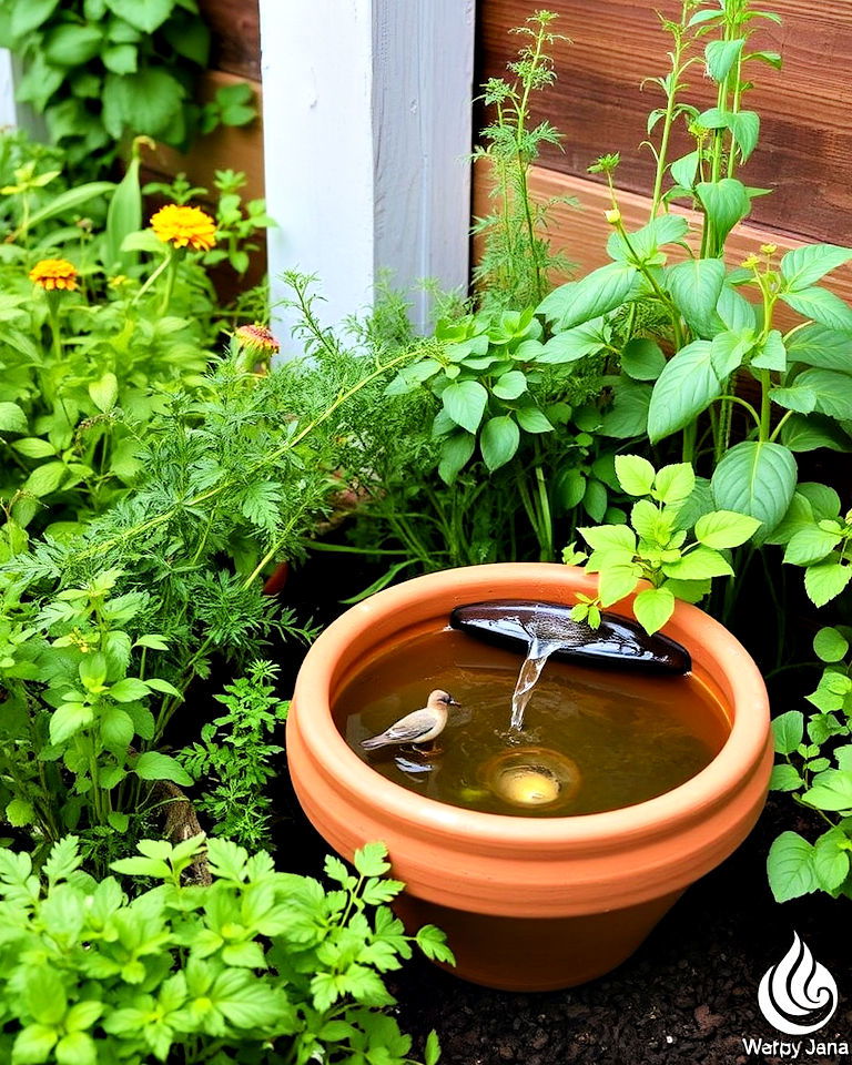 clay pot fountain beside a herb garden - 15 Water Garden Ideas