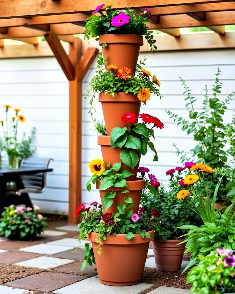 clay pot tower planter for small space - 40 Fall Planter Ideas