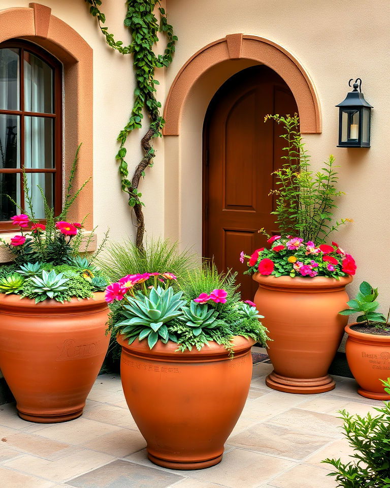clay pots filled with vibrant flowers - 40 Spanish Style Home Exterior Ideas