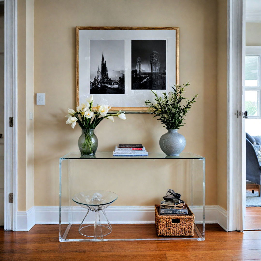 clear acrylic console table - 40 Small Entryway Ideas