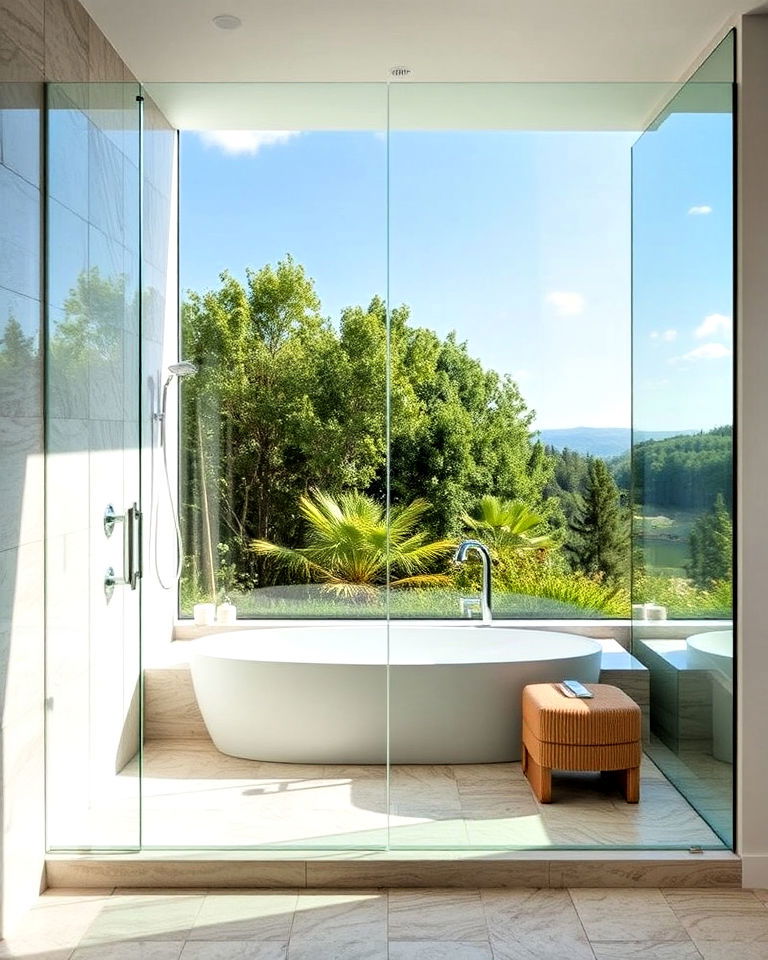 clear floor to ceiling glass window - 30 Shower Window Ideas