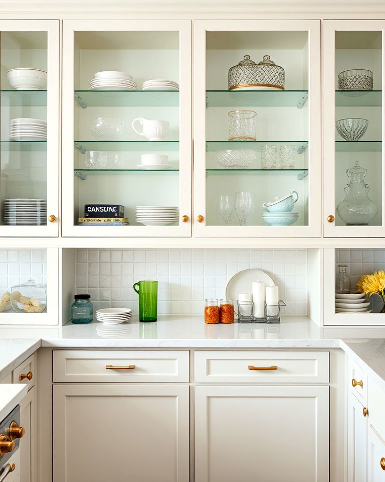 clear glass cabinets to display decorative dishware - 15 Kitchen Cabinets With Glass Doors