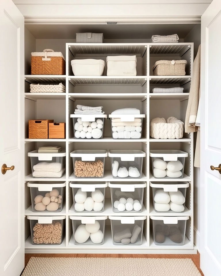 clear storage bins and white closet - 15 White Nursery Ideas
