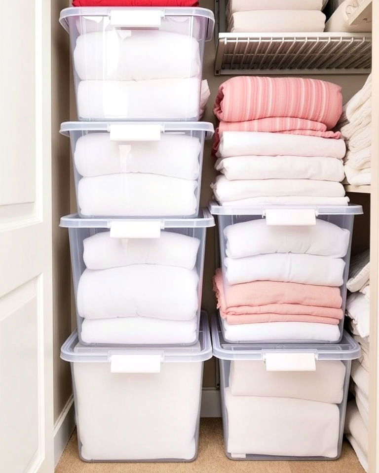 clear storage bins for linen closet - 30 Linen Closet Organization Ideas