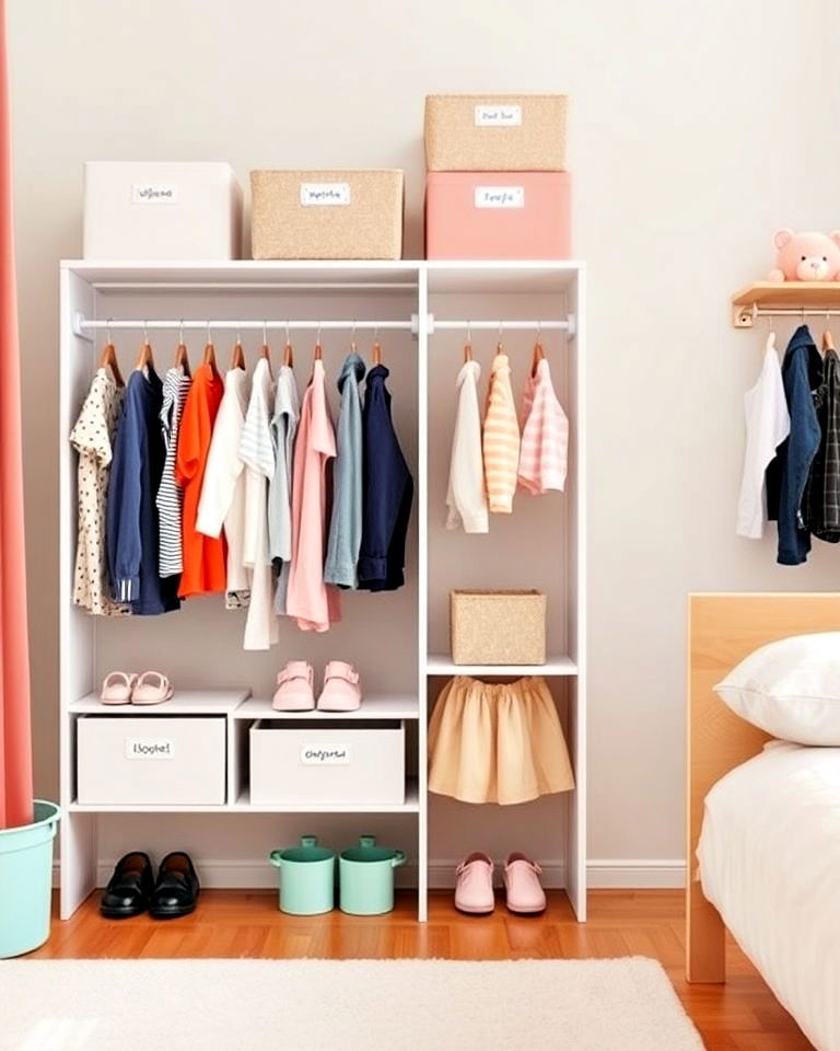 closet organizers with low rods for toddler room - 40 Toddler Room Ideas