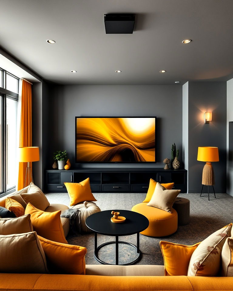 cloud gray and mustard yellow color - 20 Gray Home Theater Paint Color Schemes