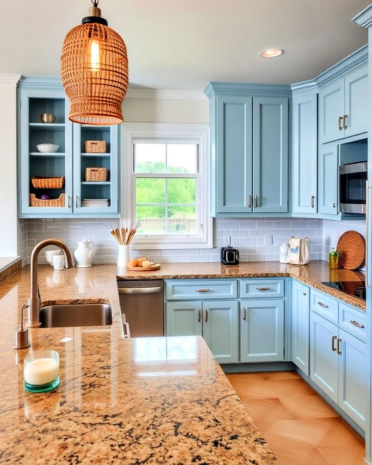 coastal blue cabinets and earthy brown granite countertops - 20 Blue Kitchen Cabinets With Brown Granite Countertops