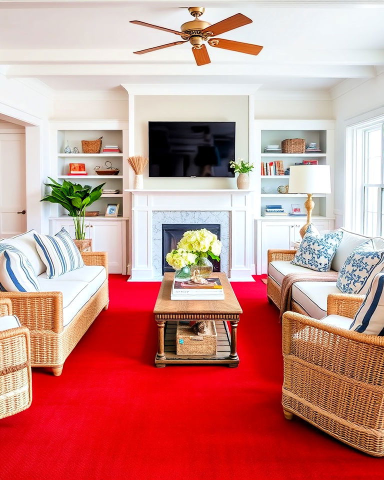 coastal charm with bold red carpet - 20 Red Carpet Living Room Ideas