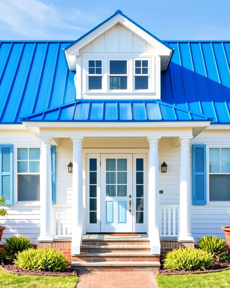 coastal colonial home and bright blue roof - 25 Houses With Blue Metal Roofs