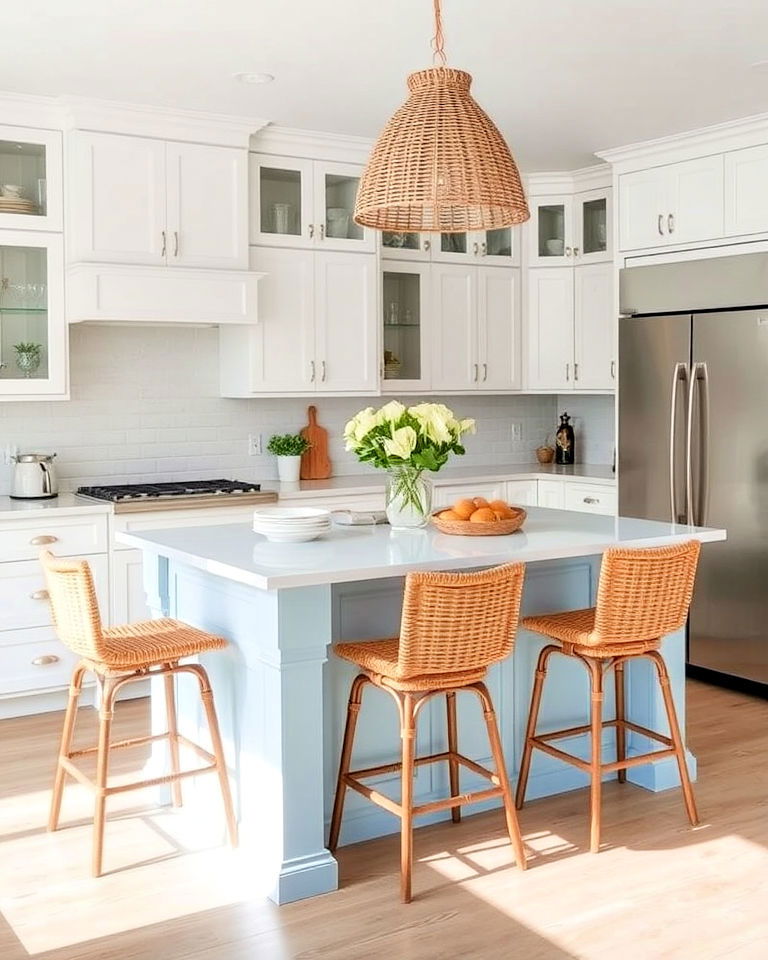 coastal cool with light blue island - 30 White Kitchen Cabinets With Blue Island