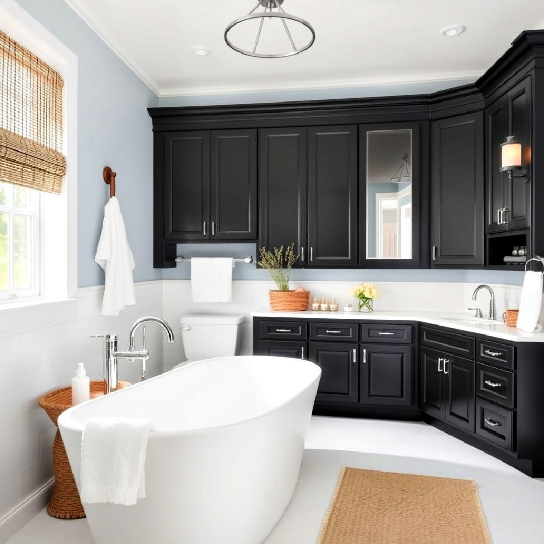 coastal inspired bathroom with black cabinets - 25 Bathroom With Black Cabinets Ideas