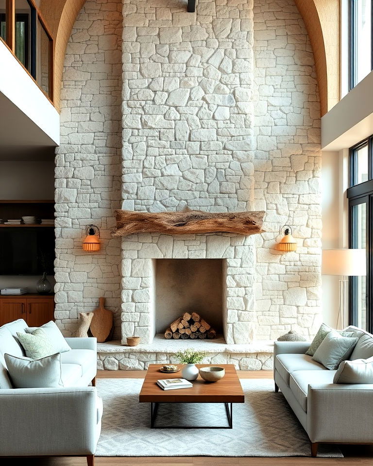coastal inspired floor to ceiling stone fireplace - 20 Floor-to-Ceiling Stone Fireplace Ideas