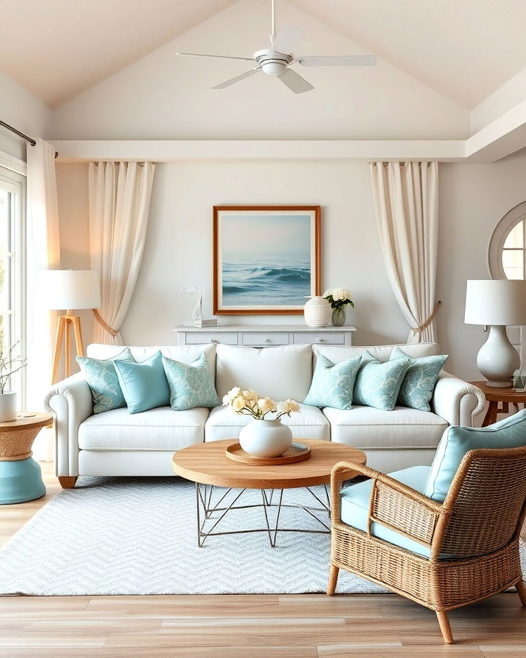 coastal inspired living room with cream couch - 20 Cream Couch Living Room Ideas
