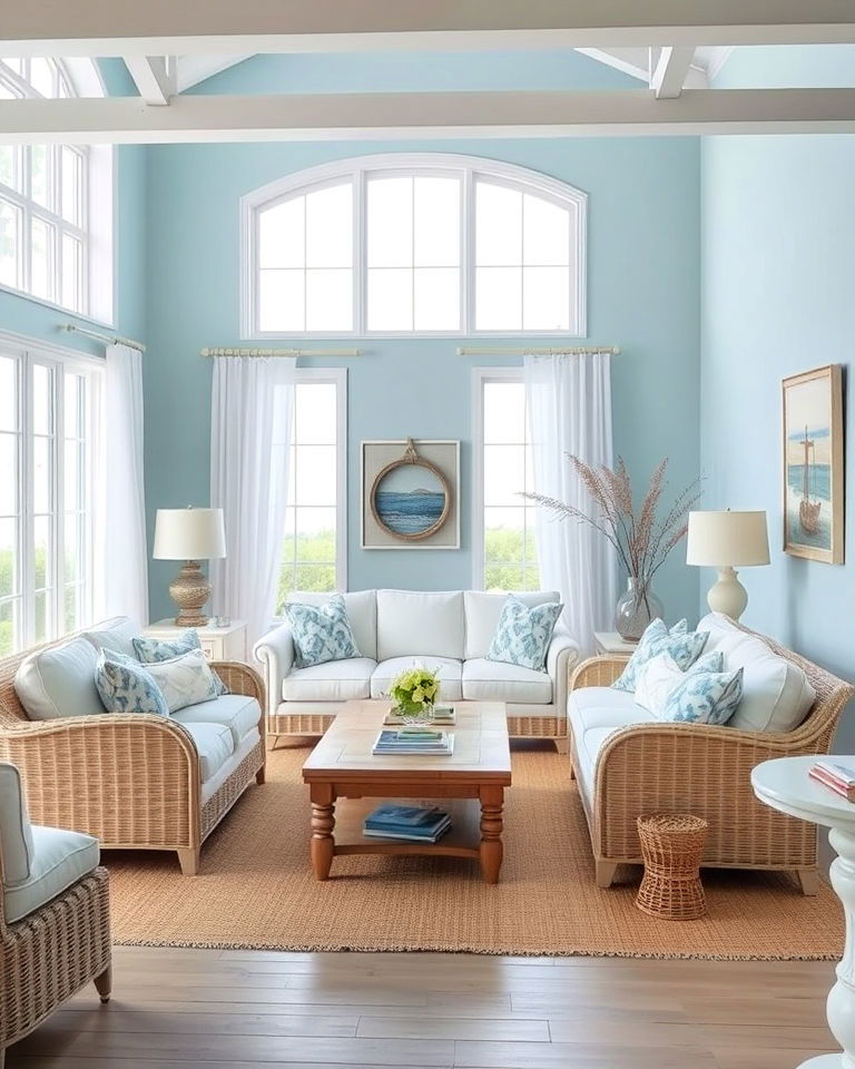 coastal inspired living room - 30 Blue and White Decor Ideas