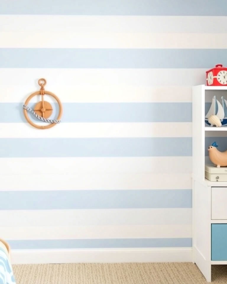 coastal inspired nautical stripes on accent wall - 30 Kids Room Accent Wall Ideas