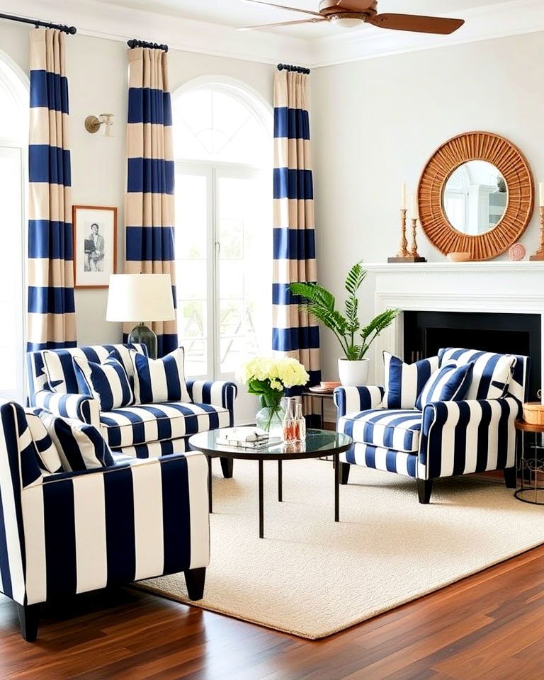 coastal inspired navy blue striped upholstery - 25 Navy Blue Living Room Ideas