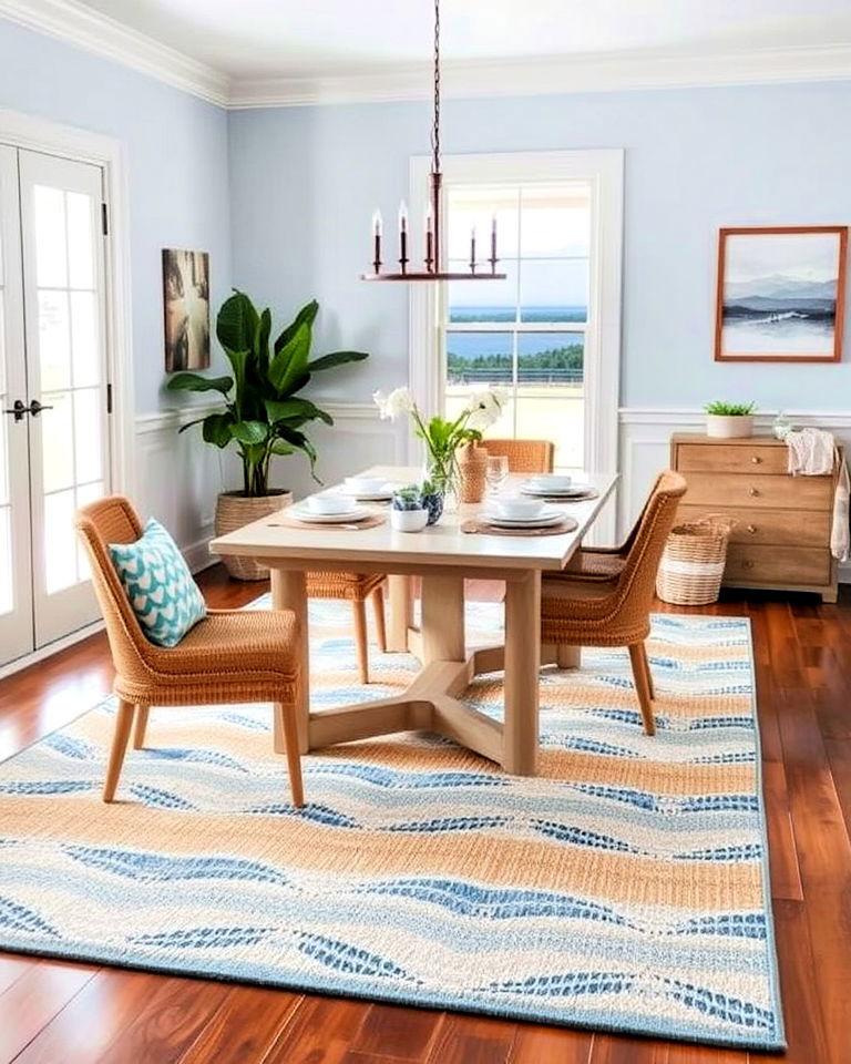 coastal inspired rug for dining area - 20 Coastal Dining Room Ideas