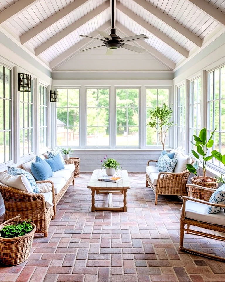 coastal inspired sunroom with weathered gray brick - 20 Brick Floor Sunroom Ideas