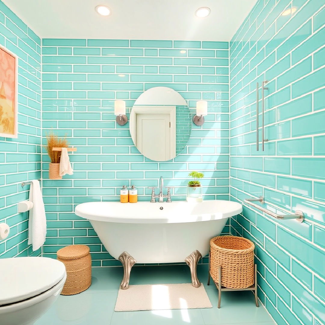 coastal inspired turquoise green subway tiles - 25 Green Tile Bathroom Ideas