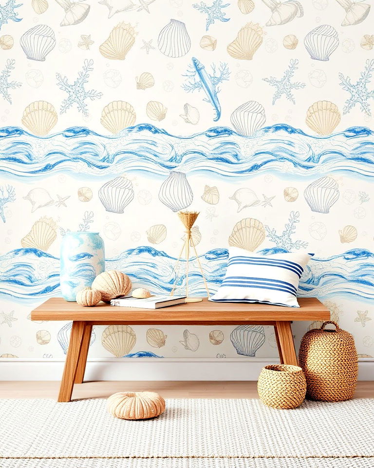 coastal inspired wallpaper with seaside motifs - 30 Bathroom Wallpaper Ideas