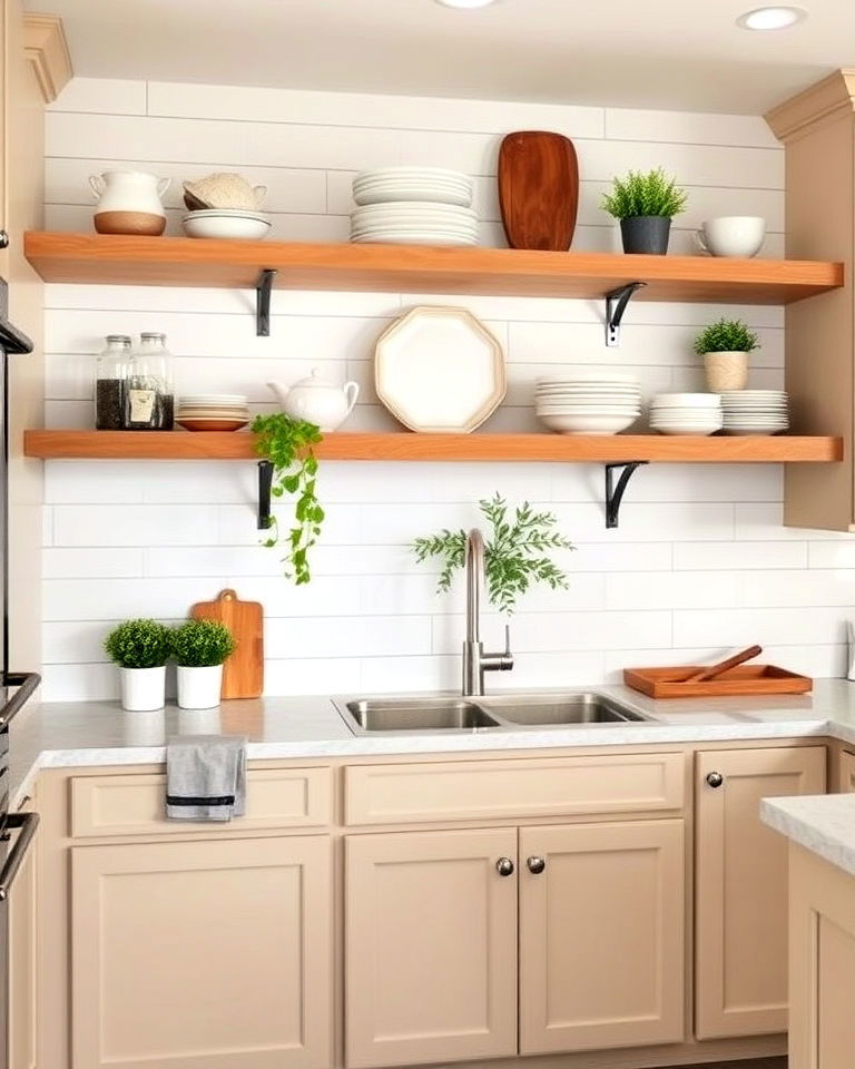 coastal style shiplap with open shelving - 30 Shiplap Backsplash Ideas for Your Kitchen