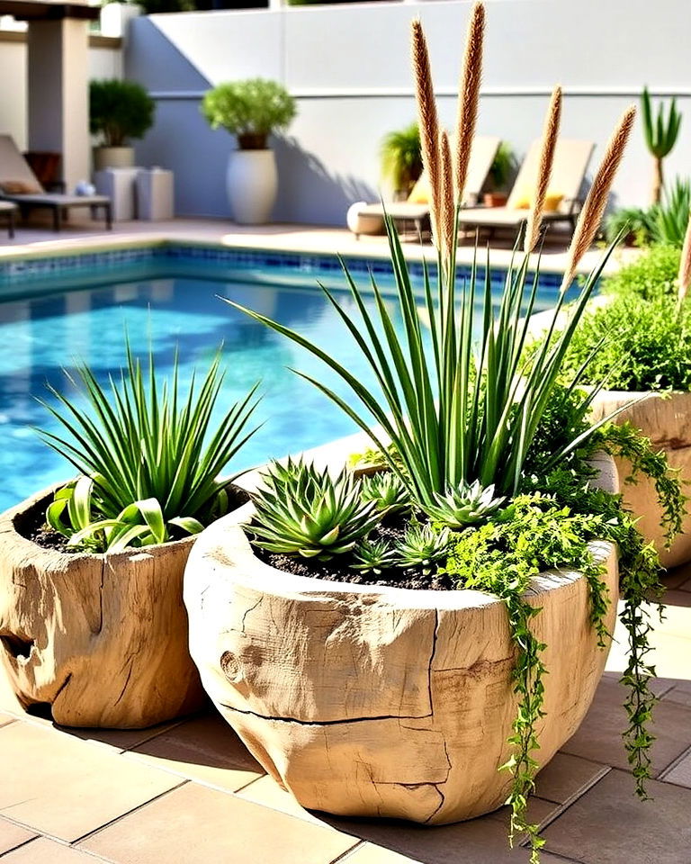 coastal themed driftwood planters for pool - 30 Pool Planter Ideas