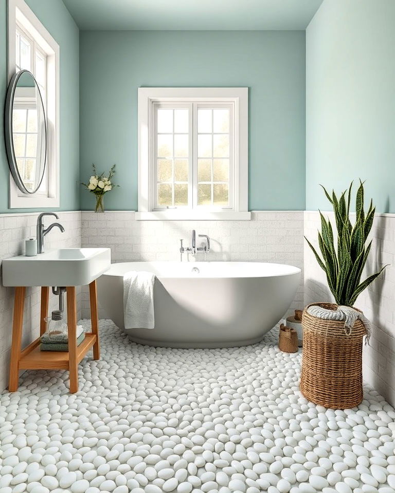 coastal vibe bathroom with white pebble flooring - 20 Pebble Tile Bathroom Ideas