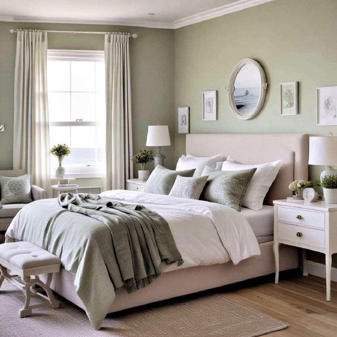 coastal vibe bedroom for refreshing feel - 25 Sage Green and Grey Bedroom Ideas