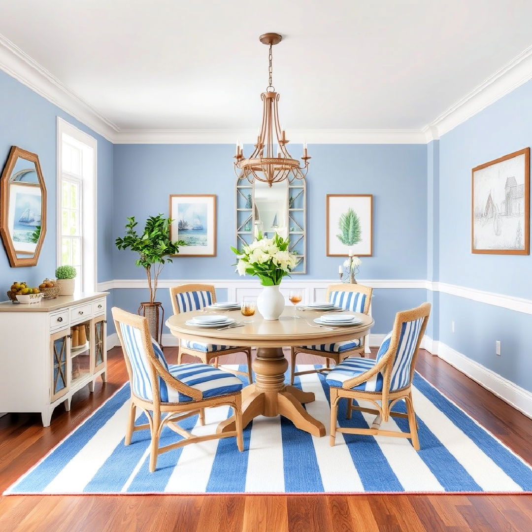 coastal vibe nautical stripes for dining room - 40 Blue Dining Room Ideas