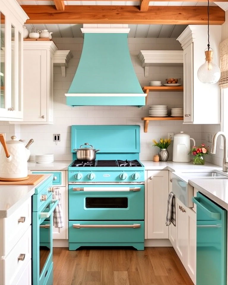 coastal vibe turquoise appliances - 25 Kitchen With Colored Appliances Ideas