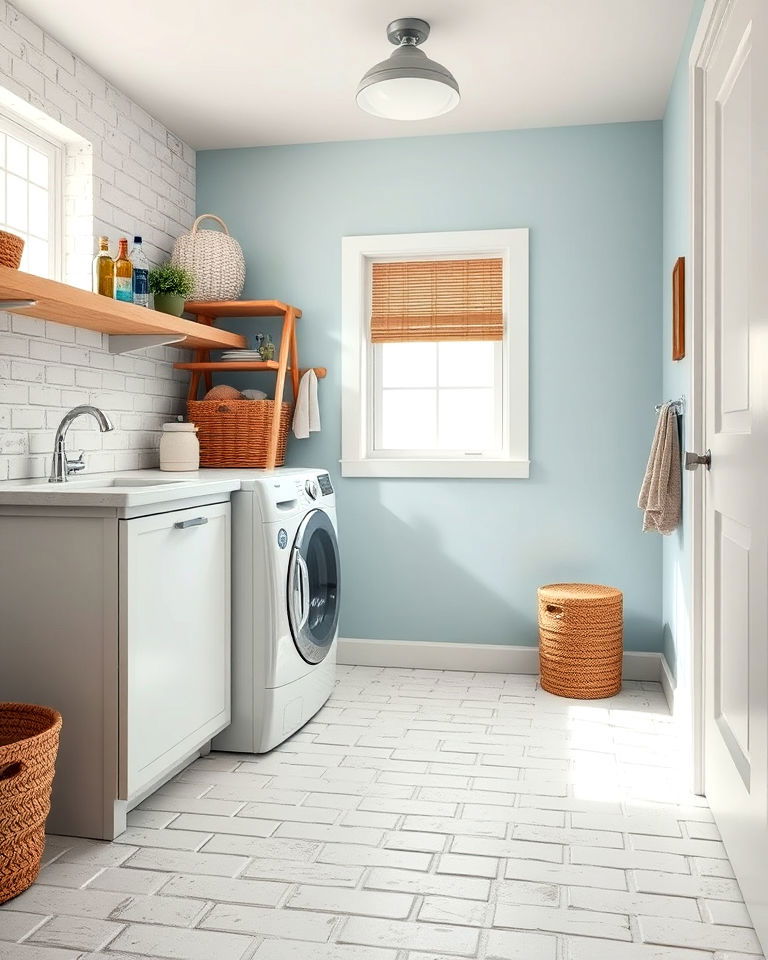 coastal vibe whitewashed brick floor - 15 Brick Floor Laundry Room Ideas