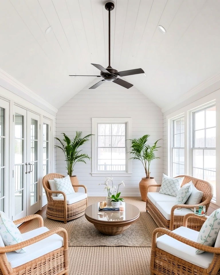 coastal vibes shiplap ceiling for sunroom - 20 Sunroom Ceiling Ideas