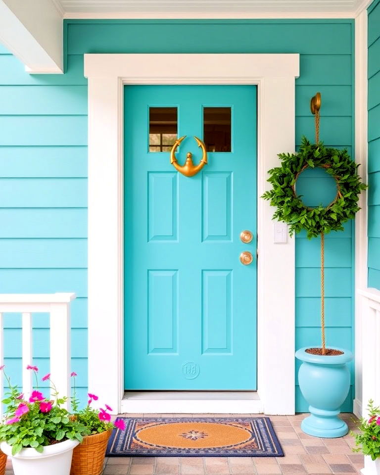 coastal vibes vibrant turquoise front door - 20 Turquoise Front Door Ideas