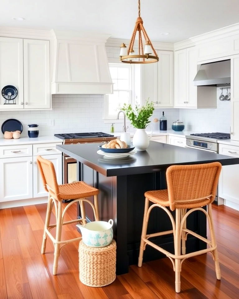 coastal vibes white kitchen with black island - 20 White Kitchen Ideas With Black Island