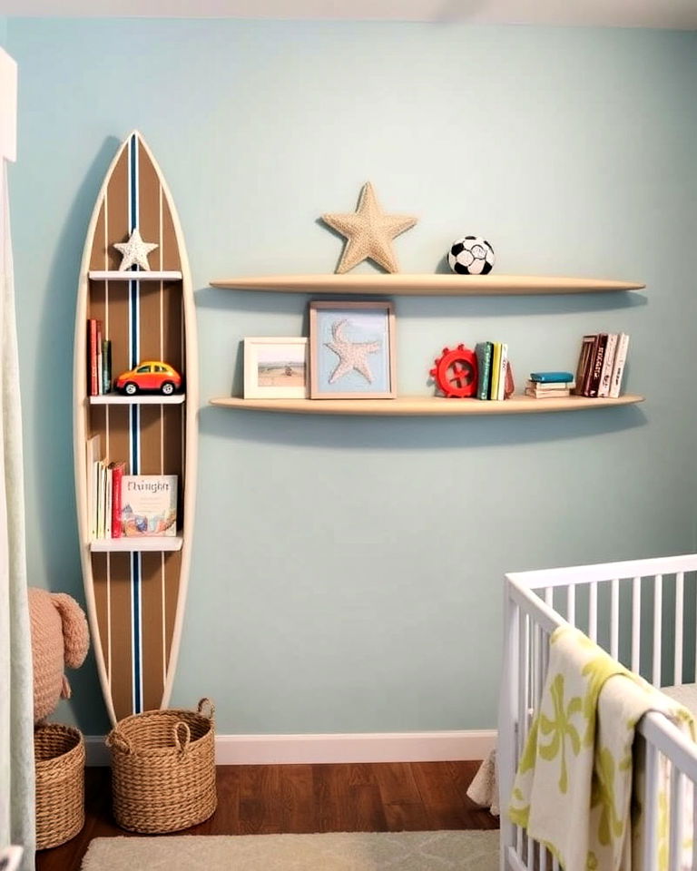 coastal vibes with surfboard inspired shelves - 20 Ocean-themed Nursery Ideas