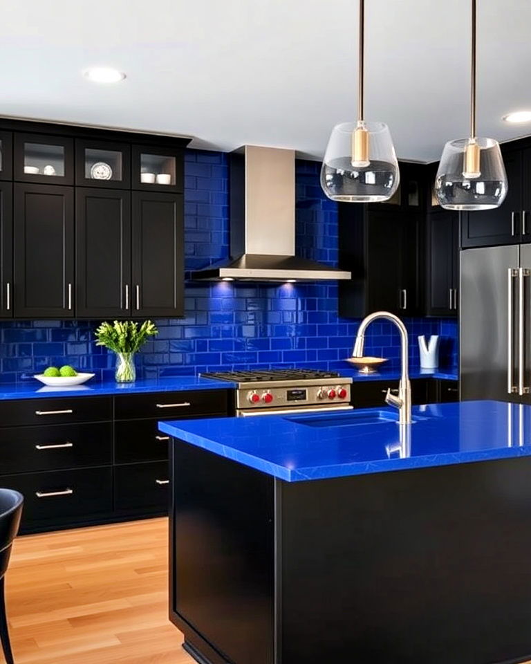 cobalt blue countertops with black kitchen cabinets - 20 Kitchens With Blue Countertops