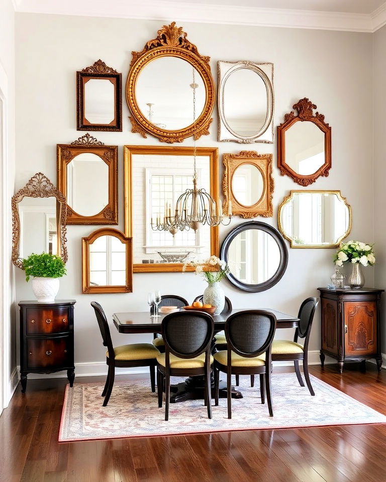 collage wall with antique and vintage mirrors - 20 Mirror Collage Wall Ideas
