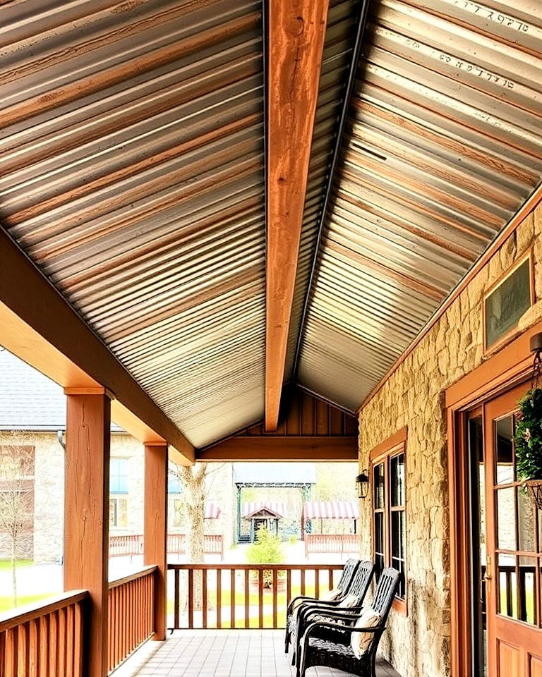 colonial front porch with outdoor storage bench - 30 Metal Roof Porch Design Ideas