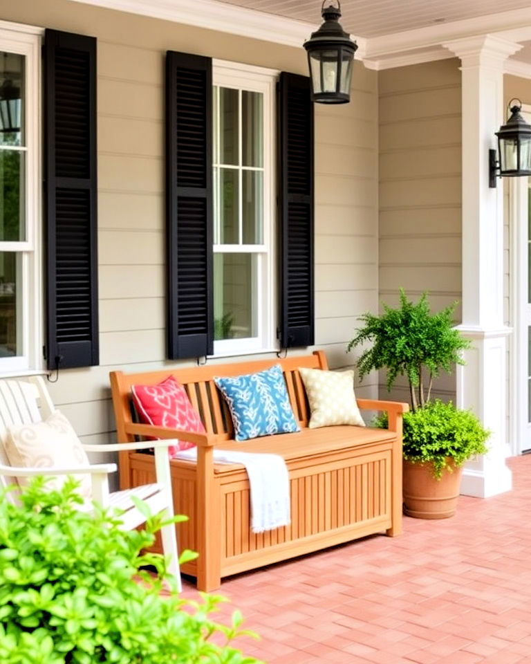 colonial front porch with outdoor storage bench - 30 Colonial Front Porch Ideas