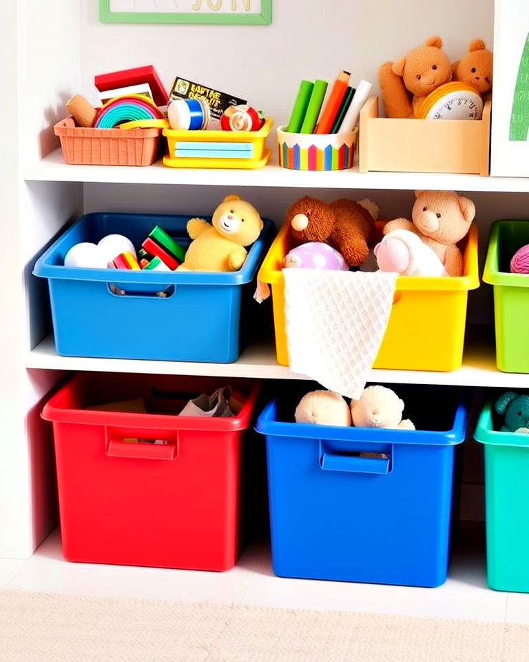 color coded toy bins for toddler room - 40 Toddler Room Ideas