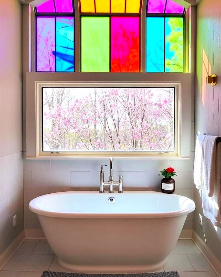 colored glass panels for artistic touch - 20 Windows Above Bathtub Ideas